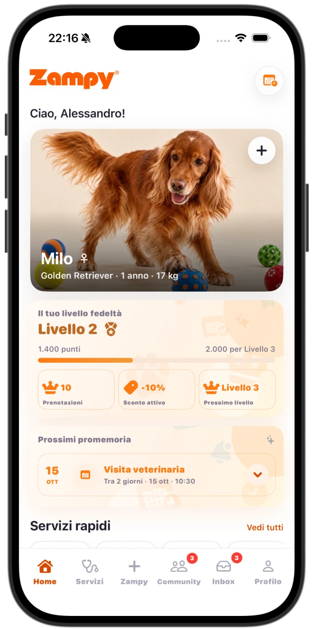 Home dashboard — Zampy Italian-language prototype