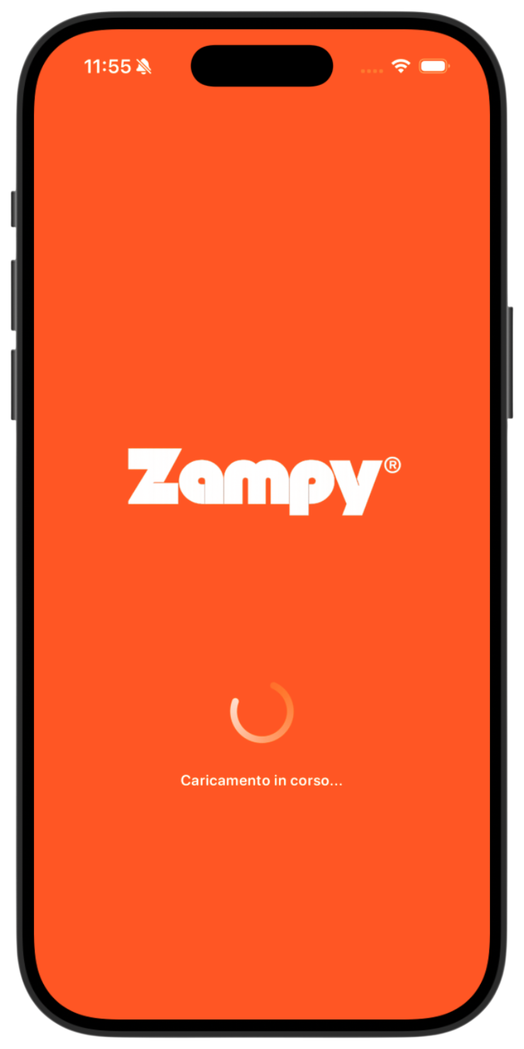 Original Zampy splash screen with white logo on orange background